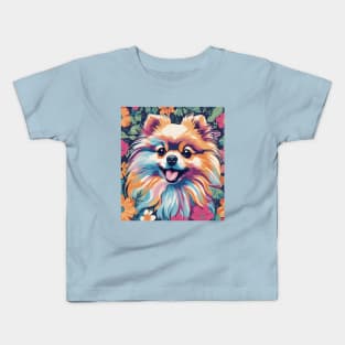 Pomeranian Paradise, cute and colorful Pomeranian with Flowers Kids T-Shirt